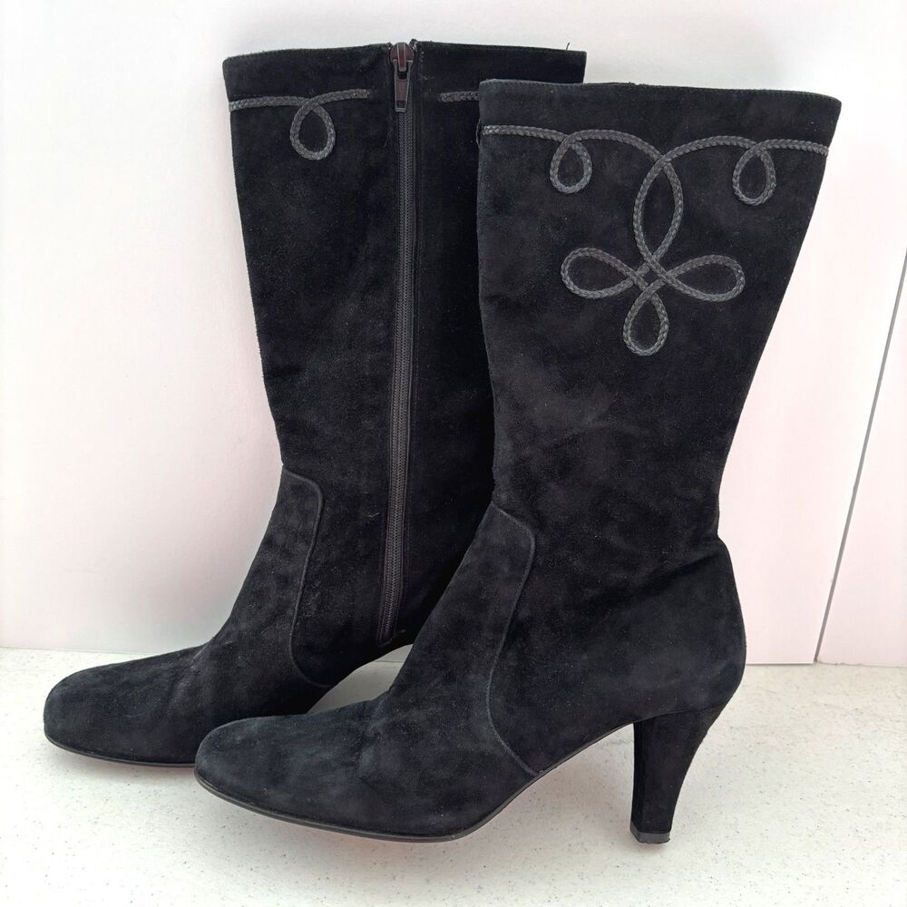 Enzo Di Siena Y2K Indie Sleeze Embroidered Black Suede Boots Calfskin Italy 7.5